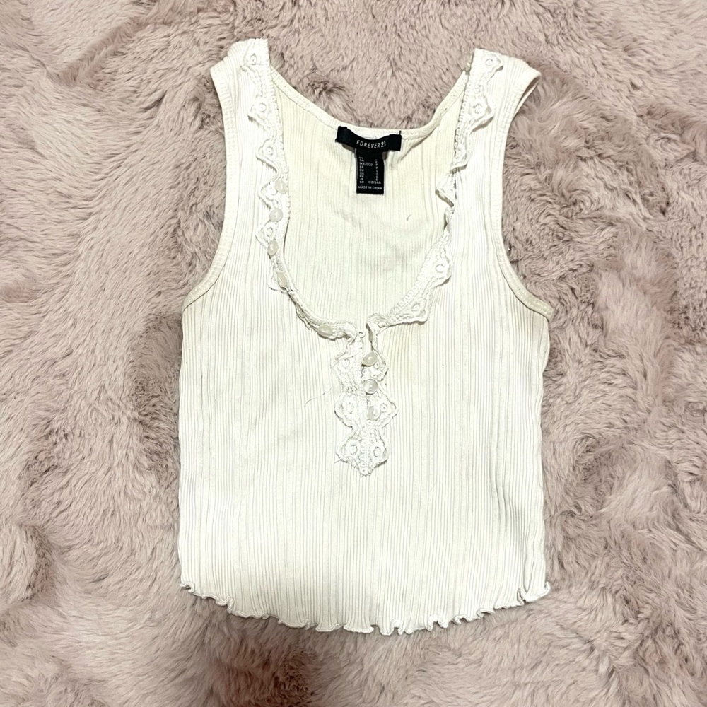 Forever 21 Cream Lace-Trimmed Tank Top